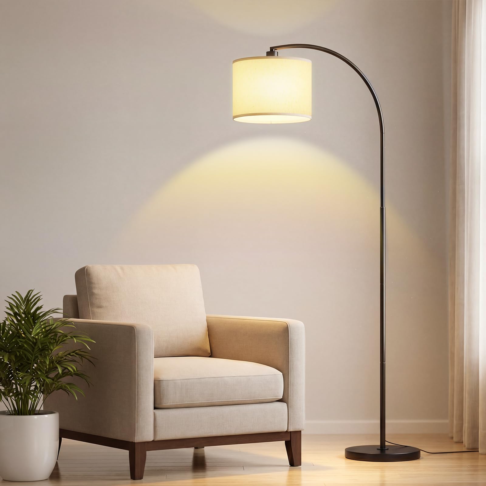 Stehlampe Wohnzimmer, 161cm Bogenlampe, 270°Drehbarer Lampenkopf mit Verstellem Beigen Leinen-Lampenschirm & Fußschalter, Leselampe Stehleuchte für Wohnzimmer, mit 12W Dreifarben (Schwarz)