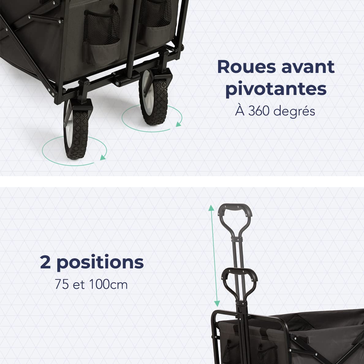 LifeGoods Chariot de plage – Chariot pliant avec roues – Grand chariot de plage – Roues pivotantes – 2 supports – Capacité de charge de 70 kg – Gris