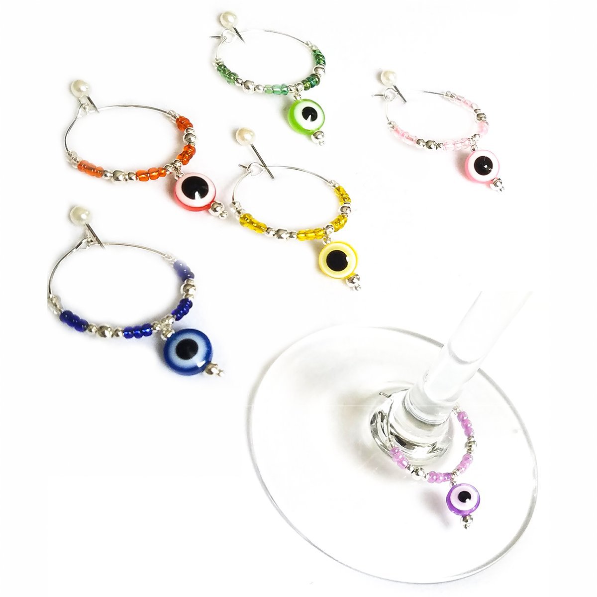 Evil Eye Wine Glass Charms Set of 6 Lucky Inspiration Colors (Mal de OJO)