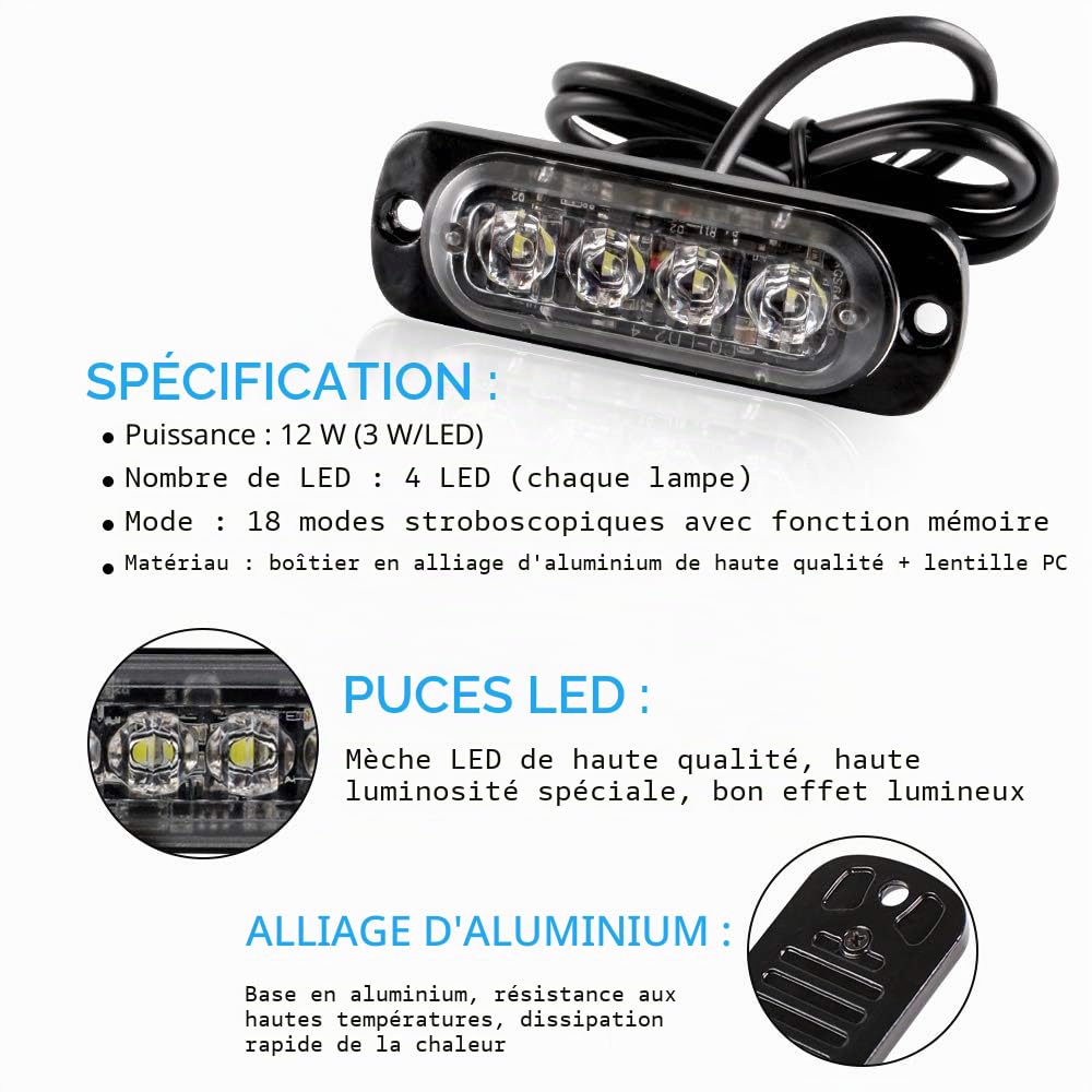 4pcs 12-24V Ultra Mince Voyant Barre D'alarme Stroboscopique d'urgence Lampe- 4 LEDS Bande lumineuse D'avertissement de Flash Camion Moto Voiture - Blanc