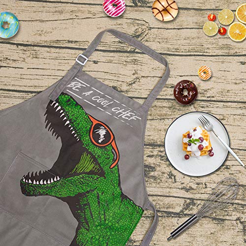 Mhjy Kids Apron Chef Hat Set For Boys Dinosaur Aprons With Adjustable Strap 2 Pockets,Child Apron For Cooking Baking,Gray,Small (3-7 Years) #TOP4