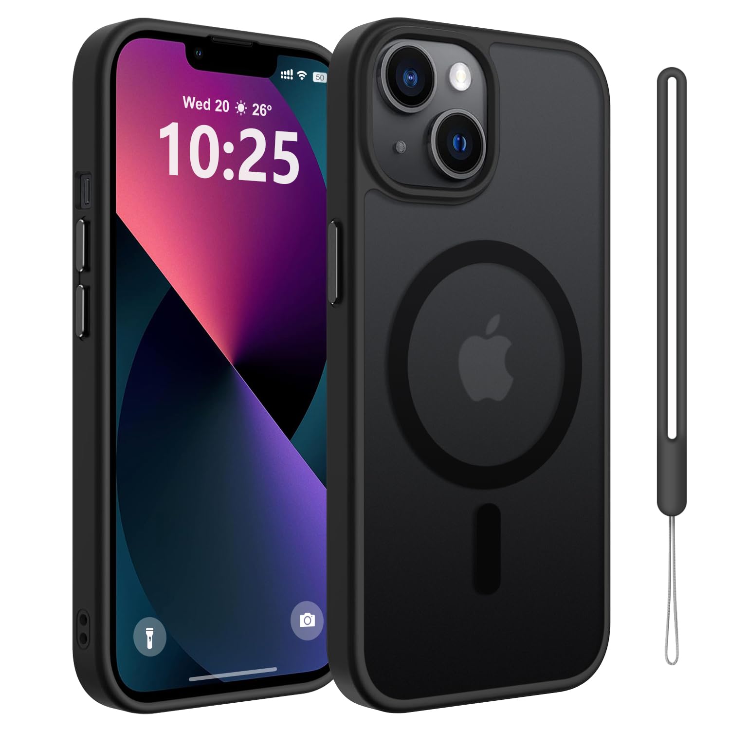jrester Cover Magnetica per iPhone 13 / iPhone 14 con Cordino, Custodia Traslucida Opaca Hard PC Sottile TPU Antiurto Protettiva Case per iPhone 13 / iPhone 14 - Nero