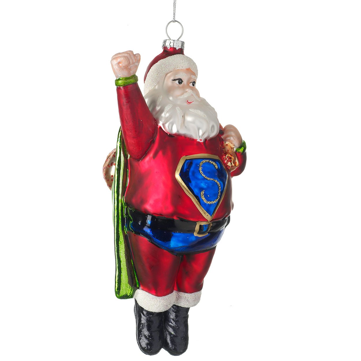 Heaven Sends Green Hand Painted Glass Christmas Tree Decoration - Super Santa (13Cm)