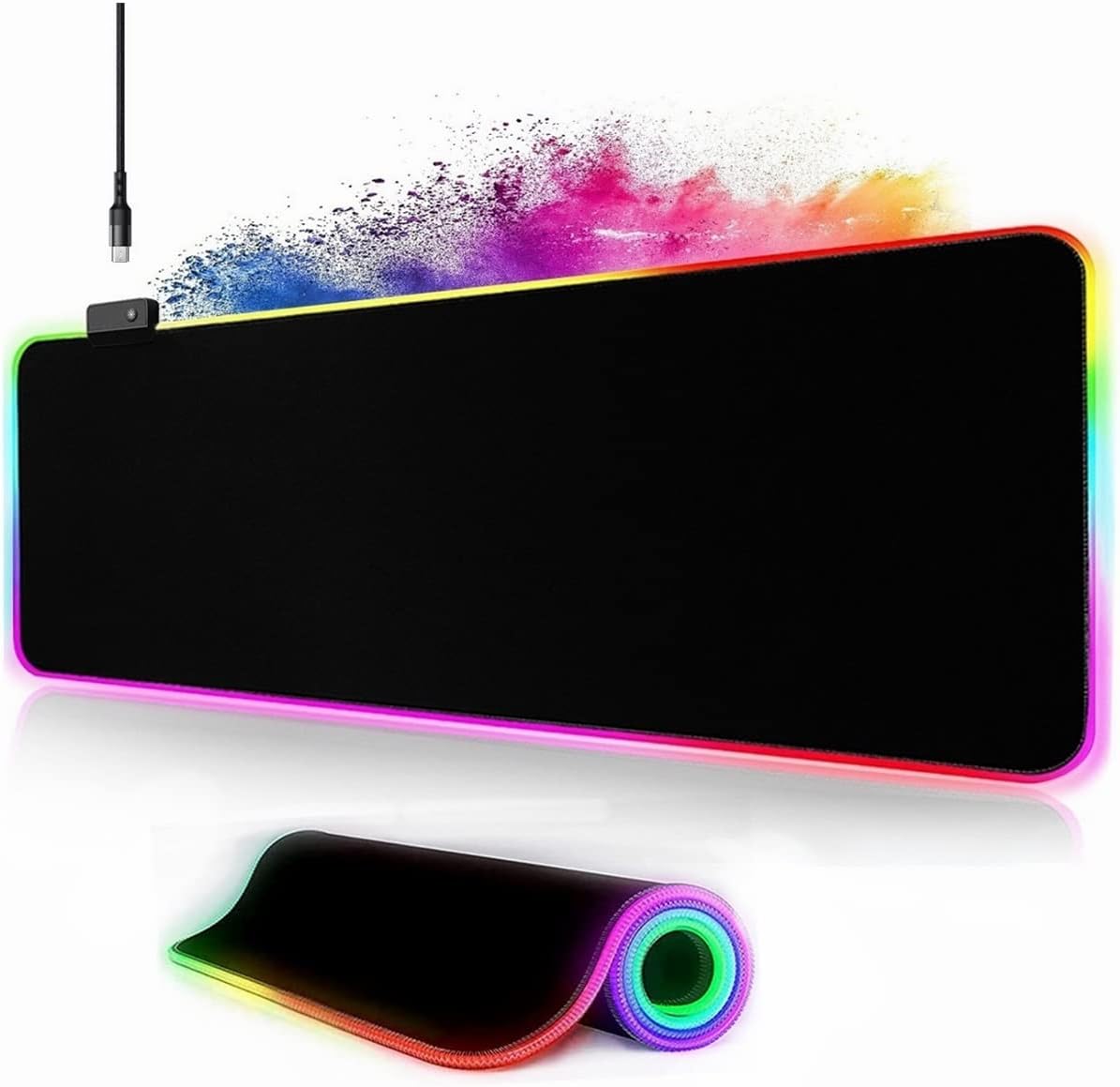 Owege Oyun fare altlığı XXL 800 x 300 mm RGB fare altlığı, büyük, 14 aydınlatma modu, 7 LED renk, dikişli kenarlar, su geçirmez, kaymaz, hassasiyeti artırır, komple siyah