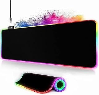 Owege Oyun fare altlığı XXL 800 x 300 mm RGB fare altlığı, büyük, 14 aydınlatma modu, 7 LED renk, dikişli kenarlar, su geçirmez, kaymaz, hassasiyeti artırır, komple siyah