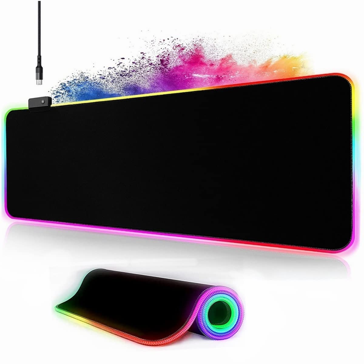 Owege Oyun fare altlığı XXL 800 x 300 mm RGB fare altlığı, büyük, 14 aydınlatma modu, 7 LED renk, dikişli kenarlar, su geçirmez, kaymaz, hassasiyeti artırır, komple siyah