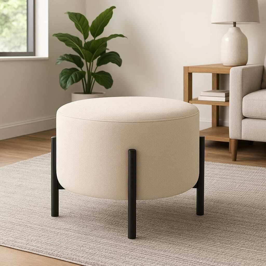 Jaico Modern Round Ottoman Footstool | White Upholstered Pouf with Black Metal Legs, Minimalist Accent Stool for Living Room or Bedroom-picture-10