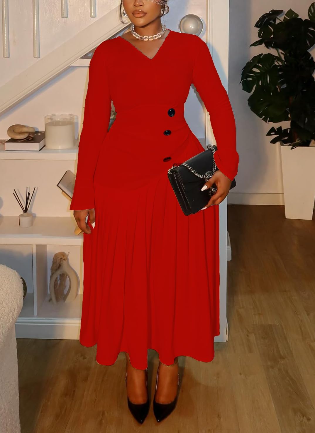 Fooullaide Women's Pleated Midi Dress Elegant V-Neck Bell Sleeve Ruched A-Line Dress for Wedding Guest, Office & Party - Image 4