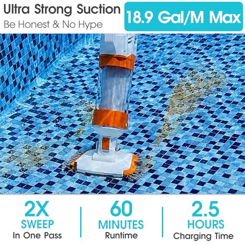 Image of Cordless Pool Vacuum-True Powerful Suction 18.9GPM, 100inch, 1H Runtime, 25m Fluff Ultra Fine Filter,Handheld Rechargeable Hot Tub Cleaner with Poles for Above Ground&Inground Pool