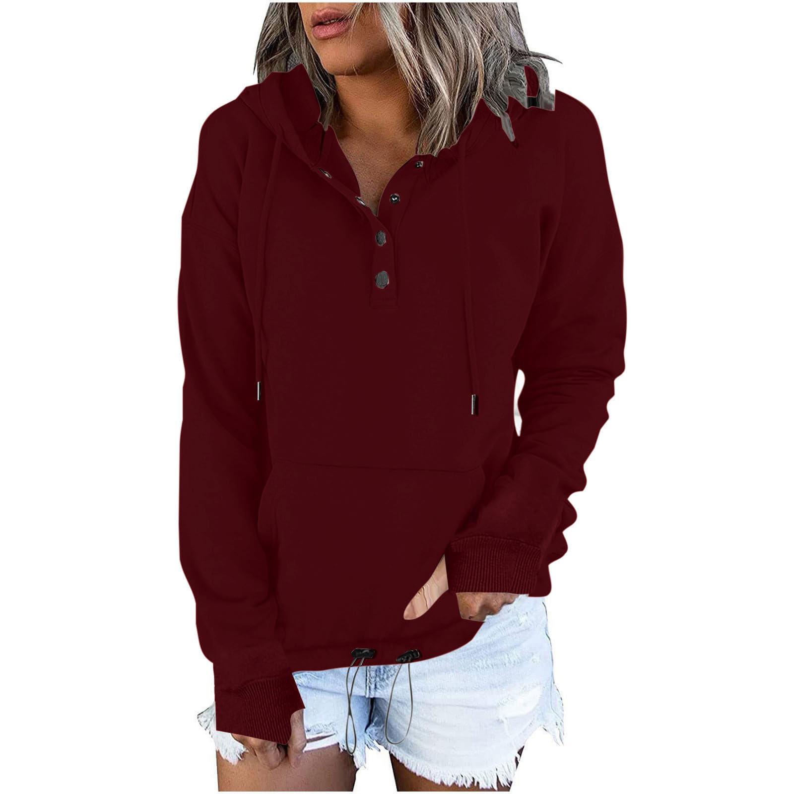 DOLKFU Womens Long Sleeve Loose Fit Hooded Sweatshirts Solid Color Casual Pullover Trendy Sweatshirts with Thumb Hole