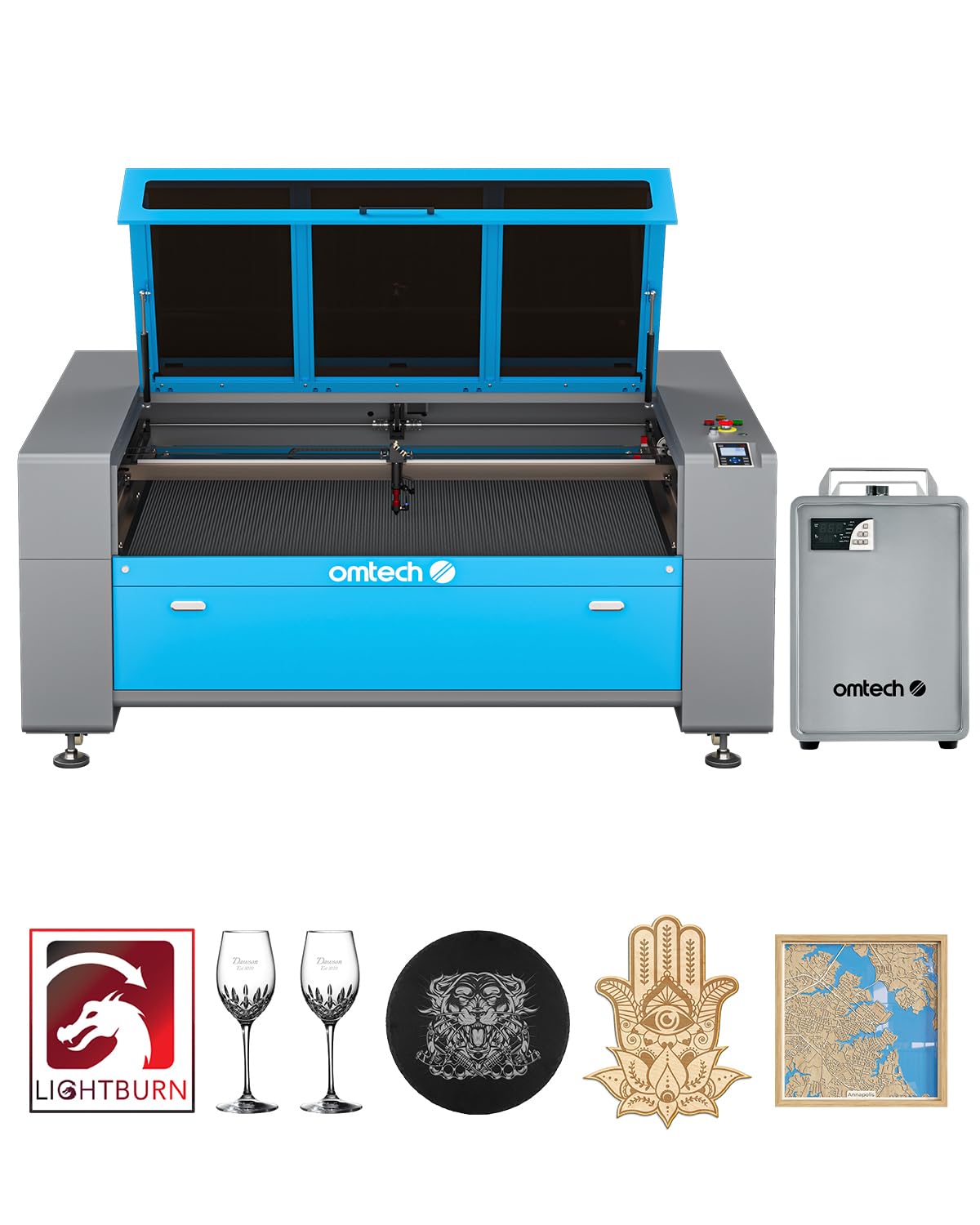 OMTech 150W CO2 Laser Engraver with LightBurn & Water Chiller, 63" x 40" Laser Engraving Cutting Machine with Autofocus Autolift 3 Way Pass Air Assist, Laser Cutter for Wood Glass Acrylic More