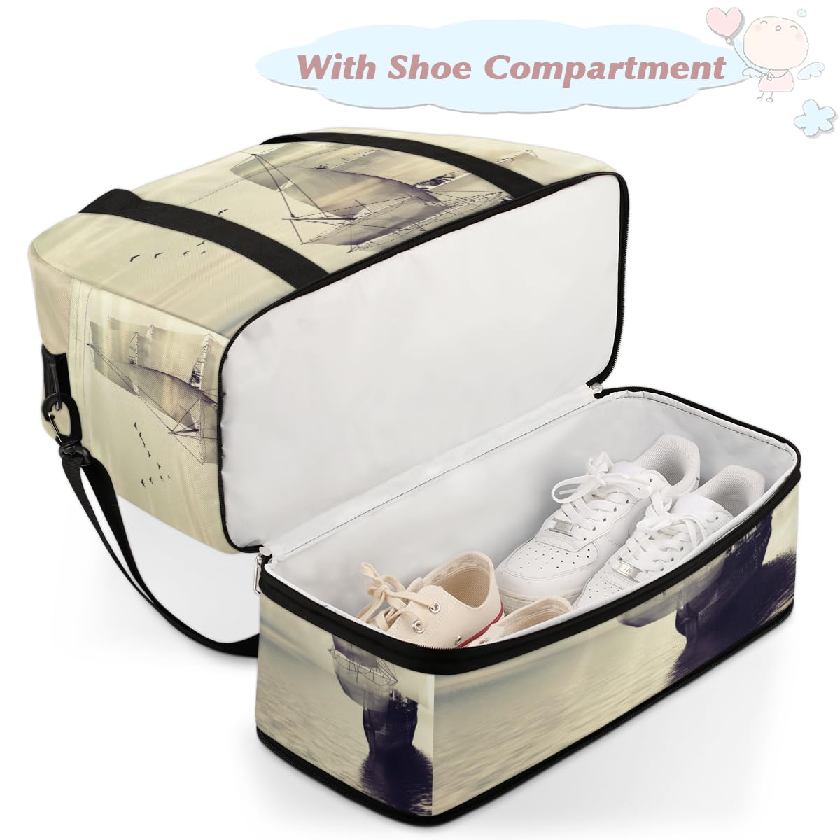 Ocean Sailboat - Bolsa de viaje plegable de 47 L, bolsa de fin de semana con funda de carrito para hombro, bolsa de hombro separada para deportes, gimnasio, viajes, multicolor, 47L, Bolsa de viaje
