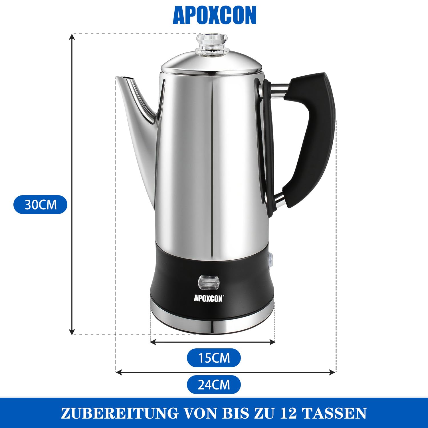 APOXCON Edelstahl Kaffeekanne Elektrisch, mit sichtbarem Brühknopf, cordless Servieren, aluminiumfrei,12 Tassen