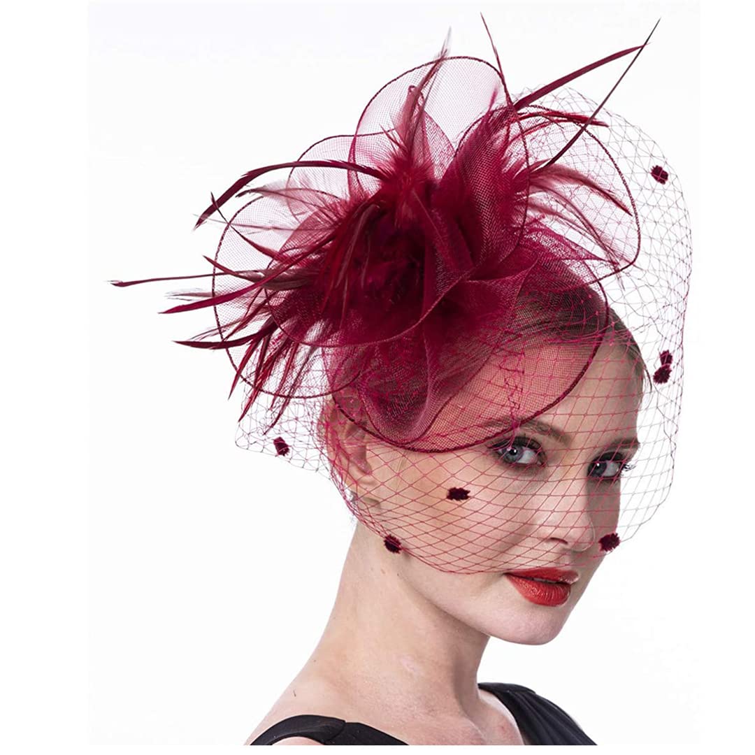 YTBHSHXZ， Cappello da donna for cocktail party, matrimonio, chiesa, abito, cappello con piume e fiori, copricapo in rete