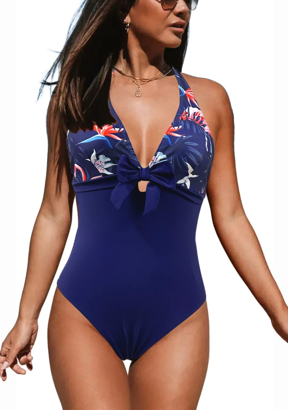 JFAN Costume Intero Donna con Scollo a V e Fiocco Costume Donna Curvy Push Up Costume da Bagno Elegante
