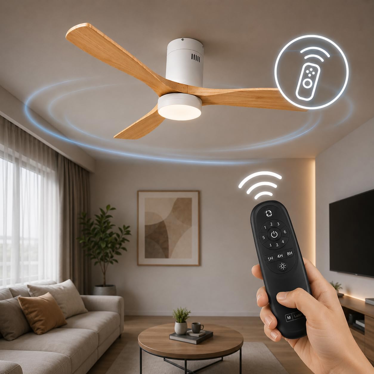 M Ledme - Wentylator sufitowy LED Energy 58 W, biały, pilot zdalnego sterowania, silnik prądu stałego 40 W + światło LED 18 W, 6 prędkości, cicha, 3 łopatki z naturalnego drewna, 132 cm, funkcja