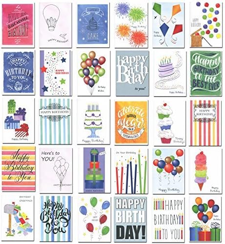 CroninCards Birthday Cards Assortemnt 30 Cards with Unique Message Inside 32 Envelopes Made in USA