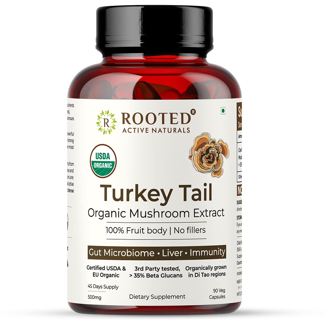 Rooted Actives Turkey Tail mushroom Extract Capsules (90 Veg Caps, 500 mg), USDA & EU Certified Organic| 30% Beta Glucans - Lab verified | Heart health, Stress Relief, Liver support (B0C3VYB1DN) Amazon Price History, Amazon Price Tracker