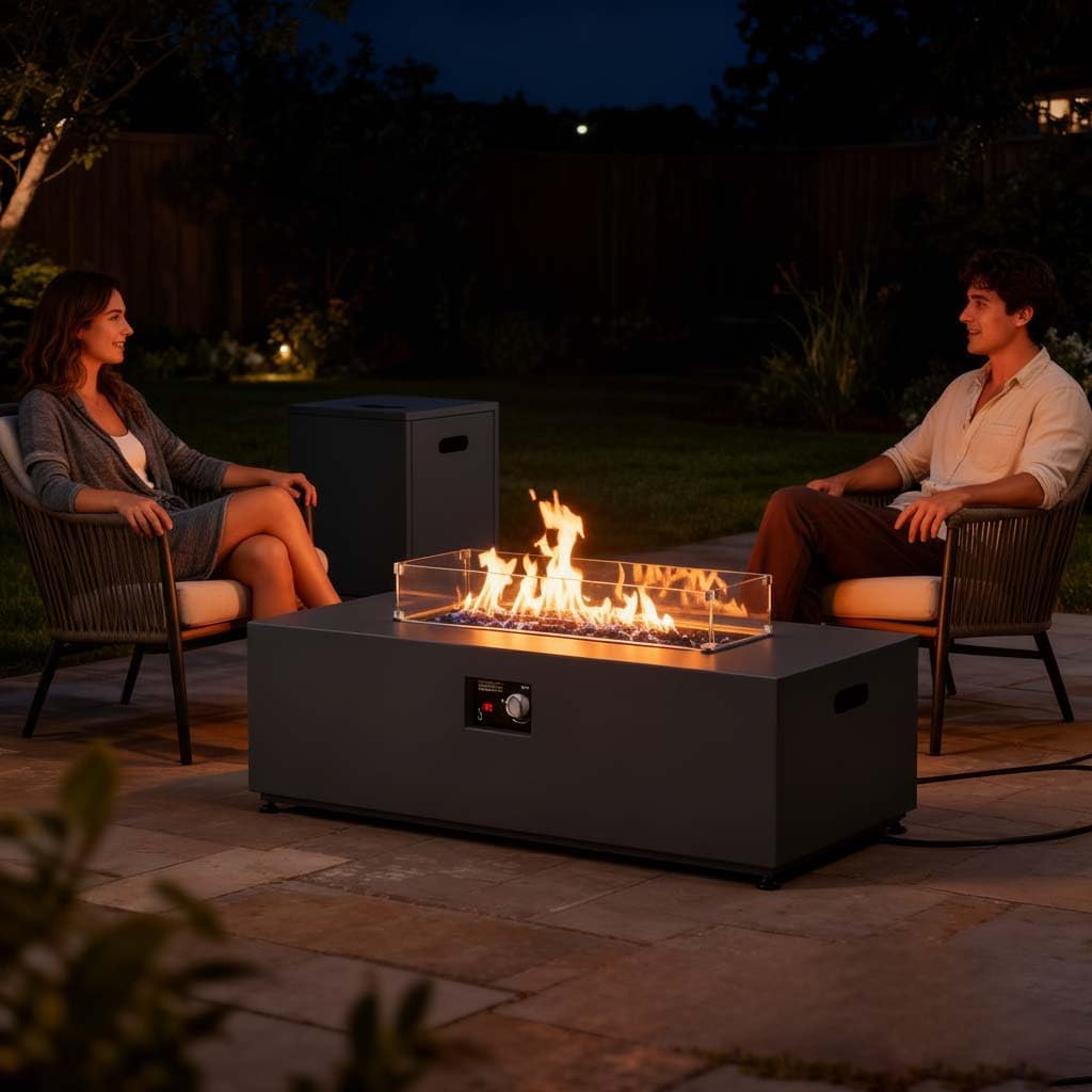 42" Propane Fire Pit Table Set with Tank Holder, Rectangle 2-Piece Outdoor Firepit Wind Guard, Lid, Glass Stones and Cover