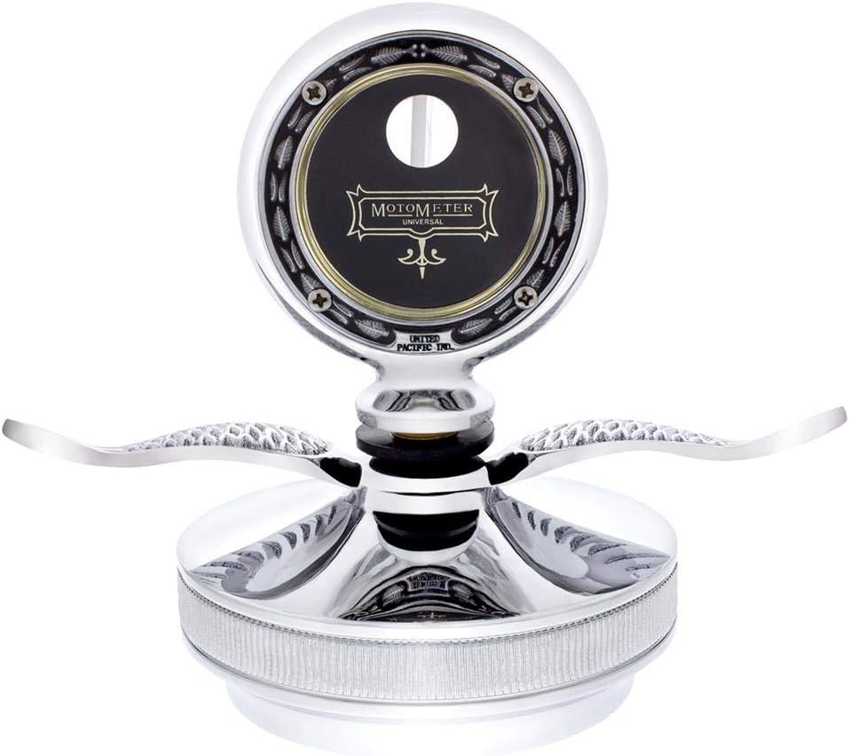 United Pacific 30359 Hood Ornament Chrome, Aluminum, Boyce Moto Meter, with Base & Chrome, Wings
