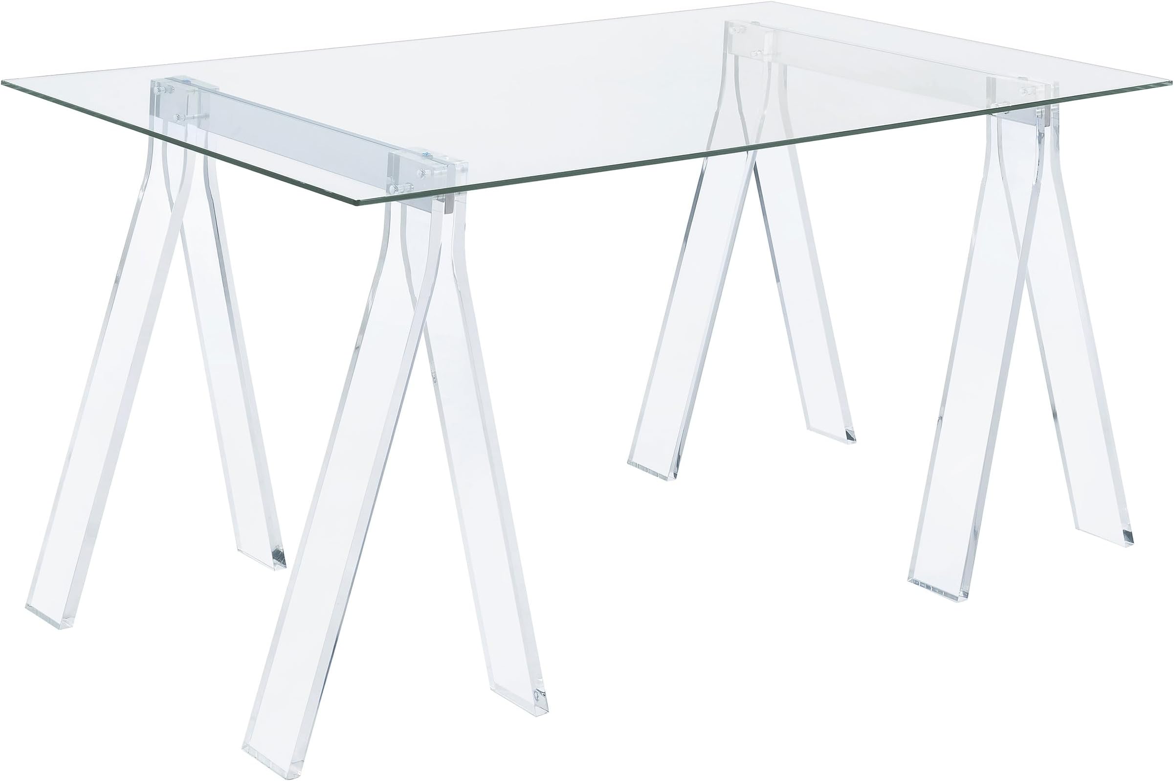 Coaster Home Furnishings – Amaturo – Glass & Metal – 59-Inch Transparent Design Writing Desk with Tempered Glass Top, Chrome Supports, and Sawhorse Base – Home Office & Living Room – Clear - 801535