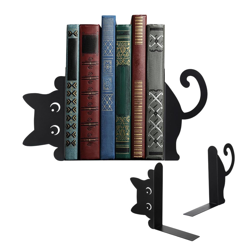 Peering Cat Metal Bookends, Pack of 2, Black, Decorative Bookend for Shelf, Home Office & Desk, Gift for Cat Lovers & Reading Friends (Curious Cat)