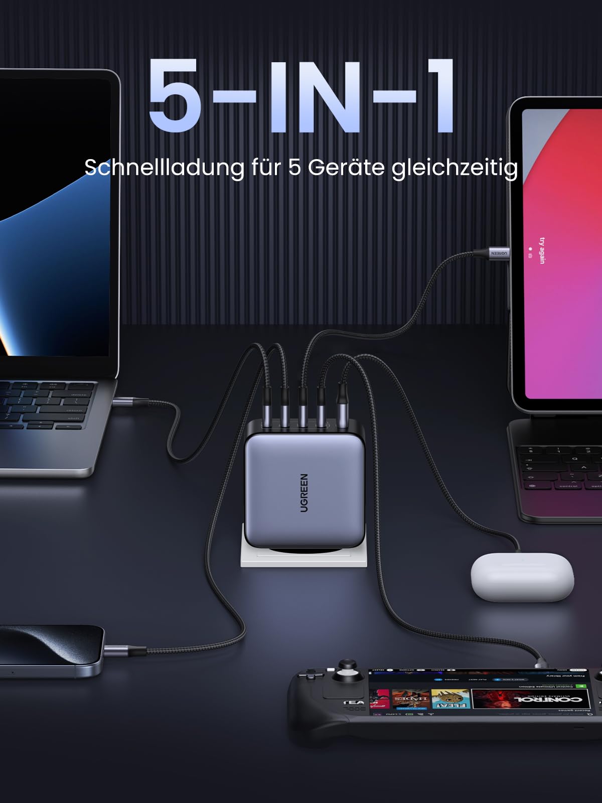 UGREEN Nexode USB C Ladegerät 100W 5-Port GaN Netzteil Mehrfach PD Charger Multiports unterstützt PPS 45W kompatibel mit MacBook Pro/Air, HP Laptop, iPad Serien, iPhone 17, 16 Pro, Galaxy S25