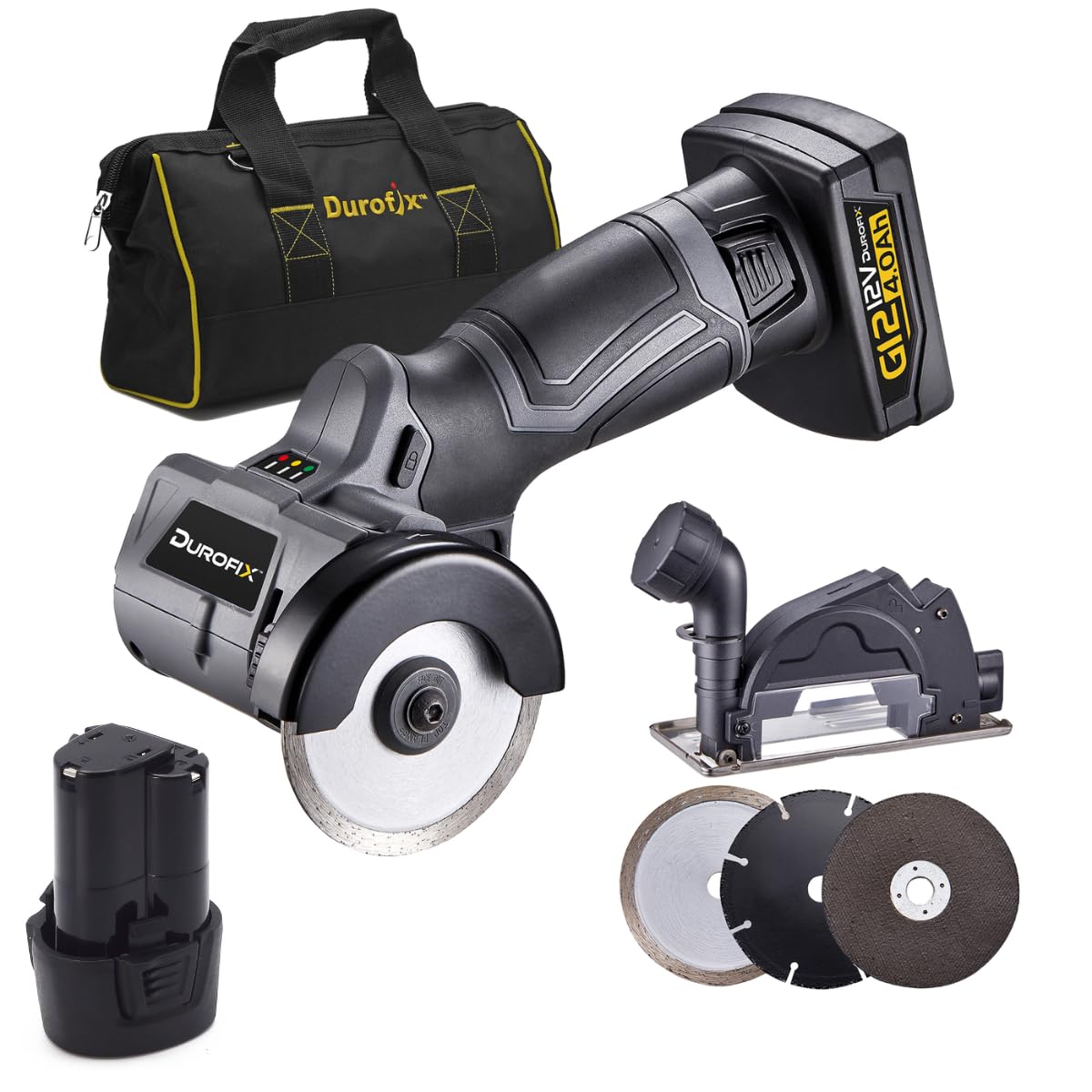 Durofix RC1222-P2G G12 Series 12V Cordless 3" Compact Cut-Off Tool Kit, 20,000 RPM with Interchangeable Blades & Safety Guard + 2 Battery & Canvas Bag