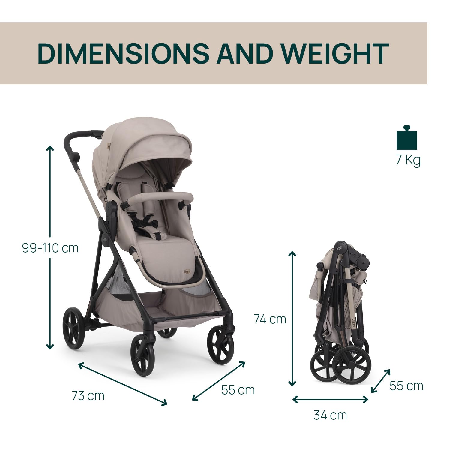 Chicco Cochecito Seety, Cochecito Ligero y Compacto De 0 Meses a 4 Años, Capacidad Máxima 22 kg, Cochecito Plegable,Respaldo Reclinable,Cierre Automático con 1 Movimiento, Capota Parasol y Cubrelluvia