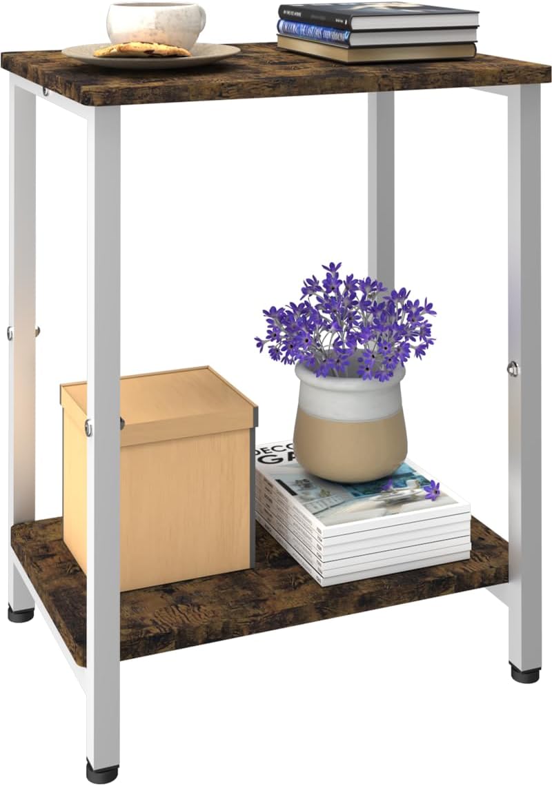 2 Tier Side Table, Heavy Duty End Table with Shelves, Narrow nightstand Table for Small Spaces, Record Player Table for Bedroom, Living Room, Sofa Couch – Rustic Brown & White 2 Tier Side Table, Heavy Duty End Table with Shelves, Narrow nightstand Table for Small Spaces, Record Player Table for Bedroom, Living Room, Sofa Couch – Rustic Brown & White
