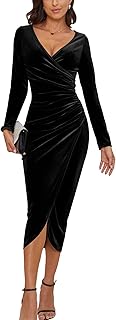 Women's V Neck Wrap Velvet Long Sleeve Elegant Bodycon Ruched Cocktail P...