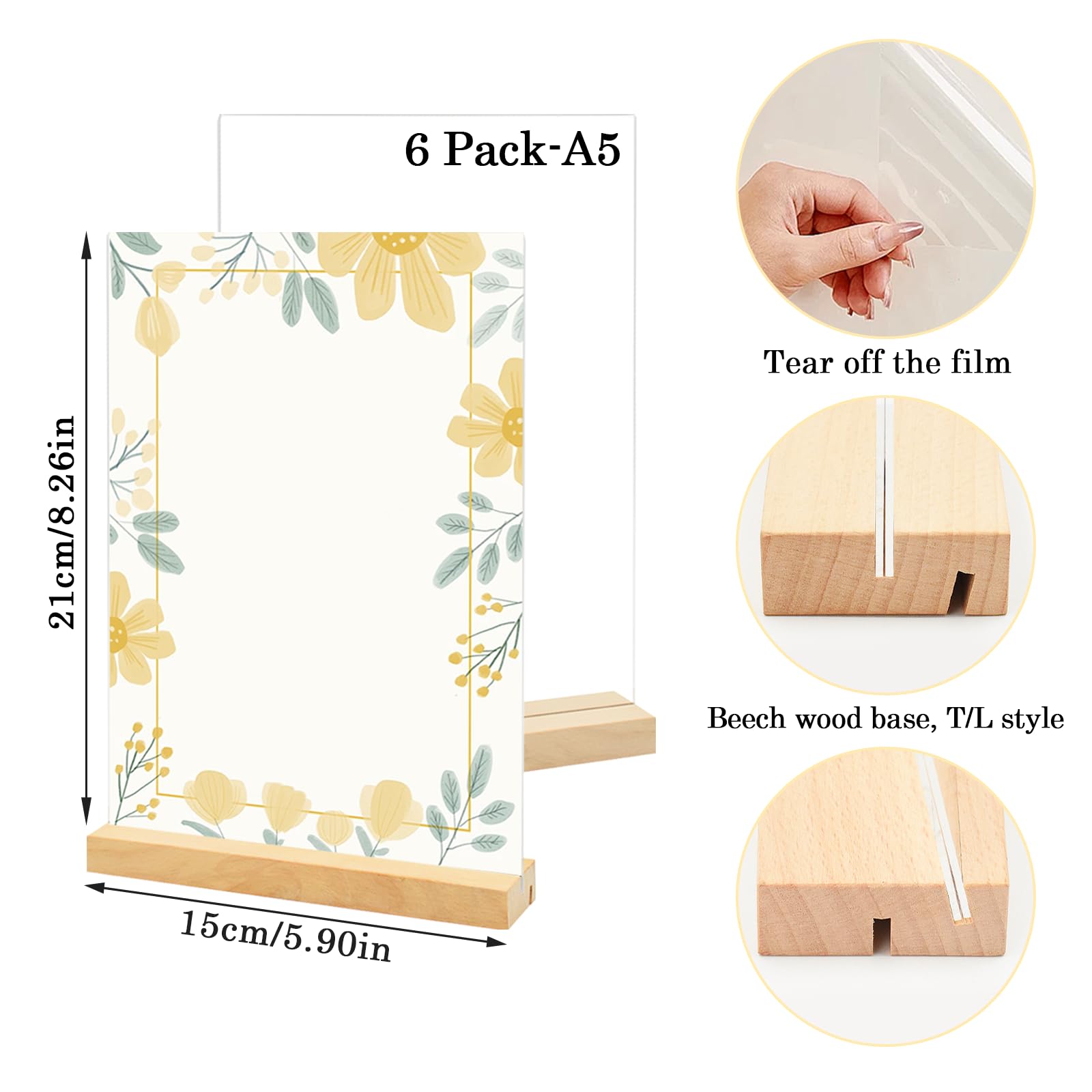 Lot de 6 Présentoirs de Table A5, L/T Forme Plaque en Acrylique A5 Support Affiche, Double Face Porte-menu avec Base en Bois, Porte-feuille pour Exposition Café Bureau école-15*21CM