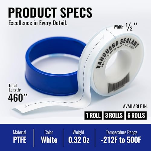 Miniatura 3 de Cinta de fontanero de PTFE Vanguard Sealants 460 pulgadas de largo y 12 pulgadas de ancho blanca sellador de tuercas perfecto para regaderas de