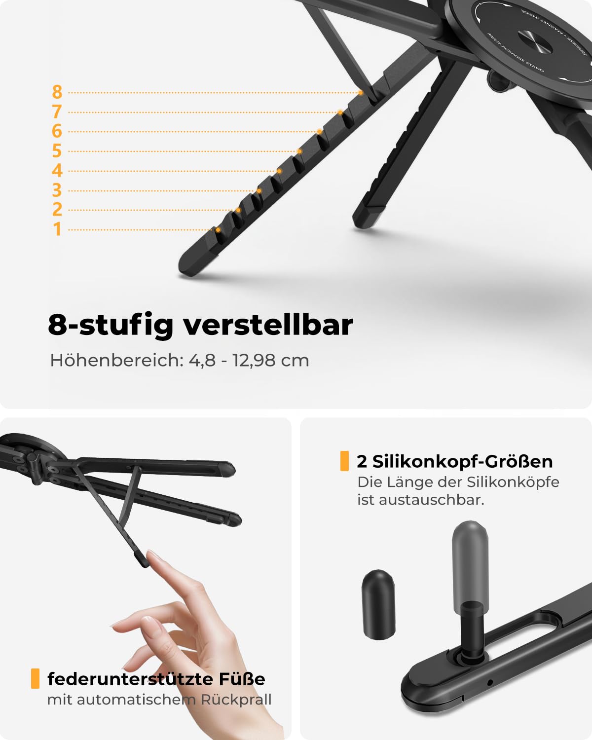 SupeDesk Supporto pieghevole per laptop 3 in 1 regolabile in altezza e angolazione, in lega di alluminio, supporto per laptop ventilato, supporto ergonomico per laptop da 4 a 16", magnetico