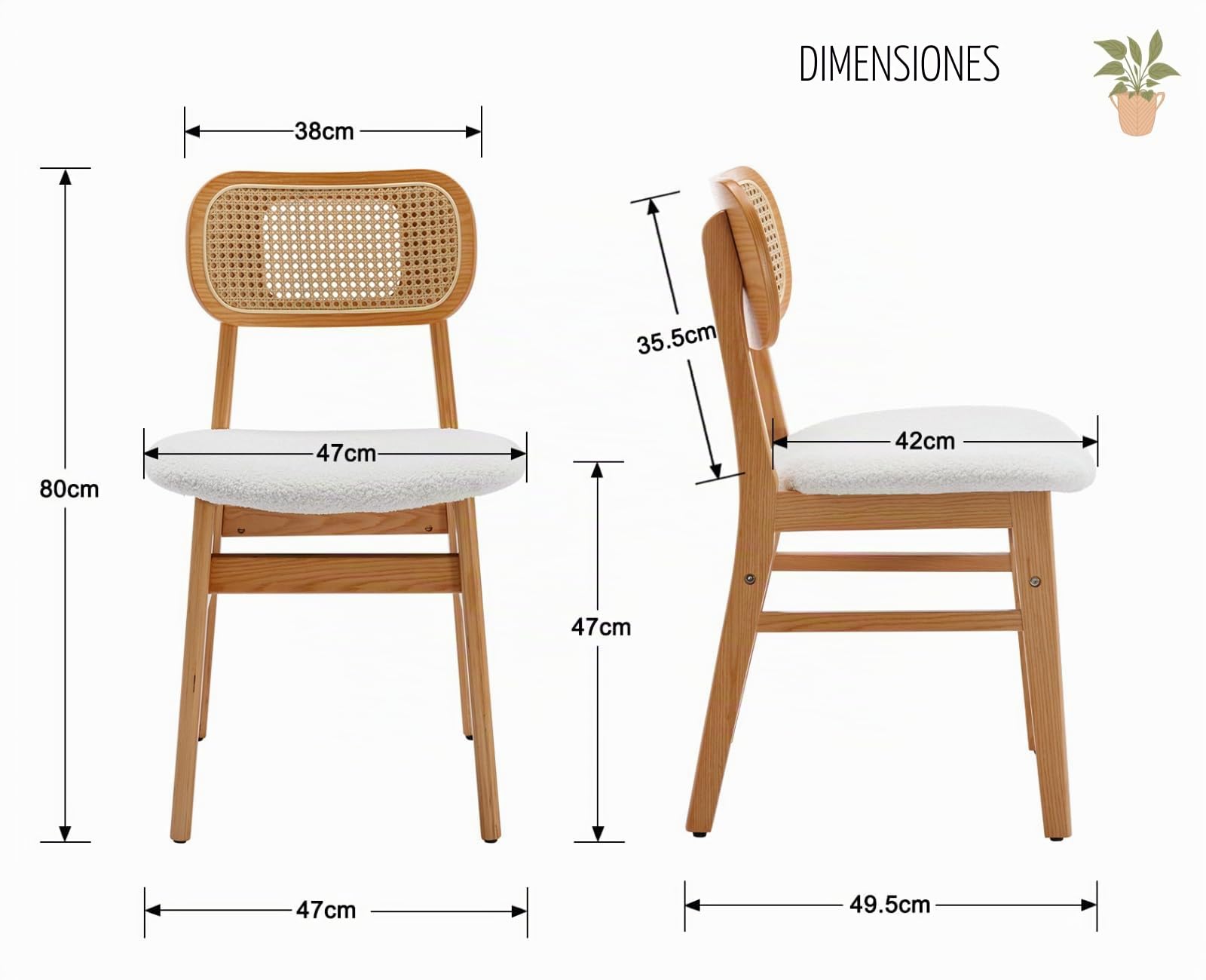 chairus Juego 2 de Sillas de Comedor Madera Maciza Sillas de Cocina con Respaldo Ratán, Sillas Rústica Tapizado en Lana Sintética para Restaurante/Cafetería, Beige