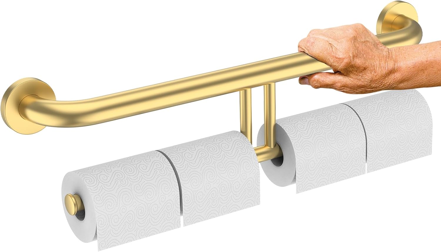 24 Inch Grab Bar w/Double Toilet Paper Roll Holder Golden, iHansee Stainless Steel Shower Support Balanced Support Handle, Wall Mounted Safety Handrail Grab Rail for Elderly Senior Handicap Disabled 24 Inch Gold