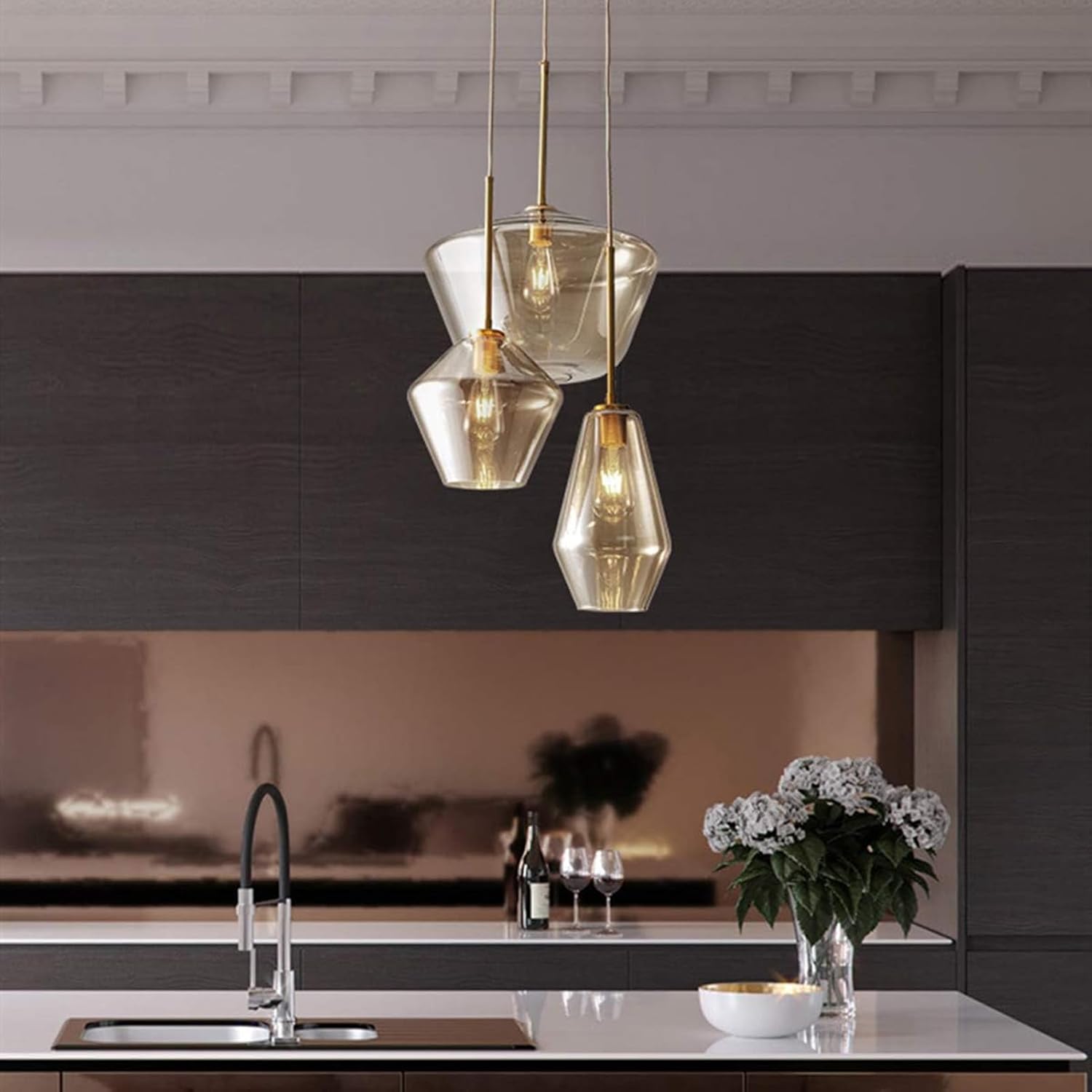 3 Heads Glass Pendant Light Modern Flush Mount Ceiling Hanging Light Fixture Unique Glass Chandelier for Kitchen Hotel Coffee Bar Dining Room