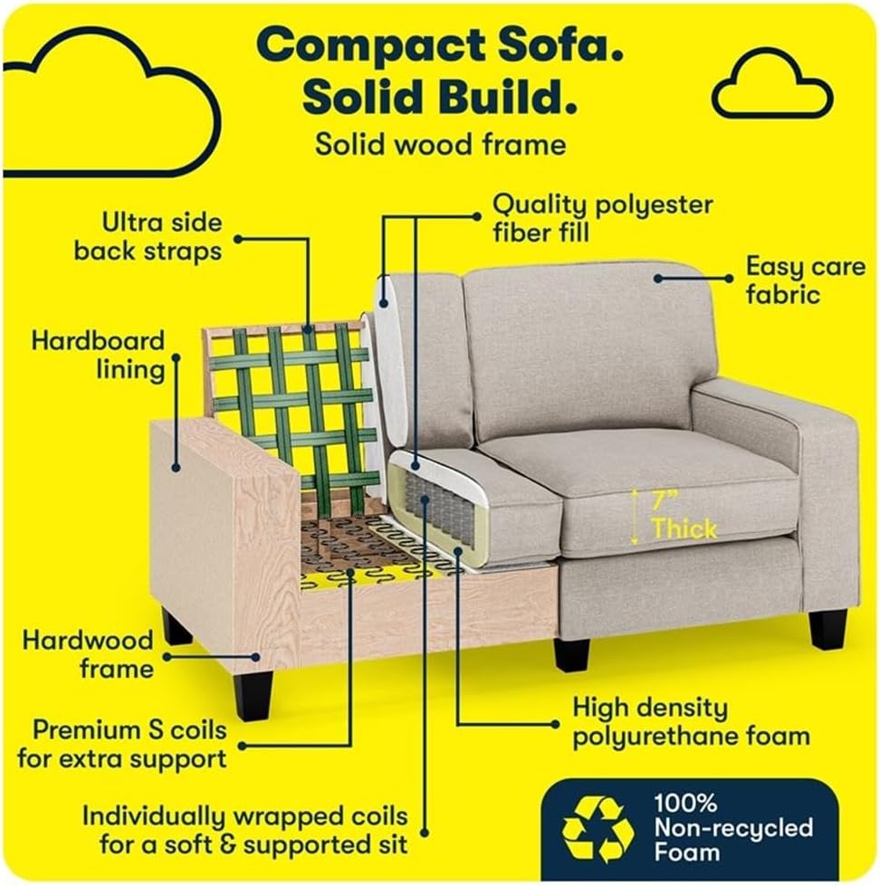 Pemberly Row 61" Track Arm Sofa Loveseat, Removable Covers, Light Gray Polyester Upholstery, Compact Solid Wood Frame, Modern Classic Design for Living Room, Home Office, Small Apartment