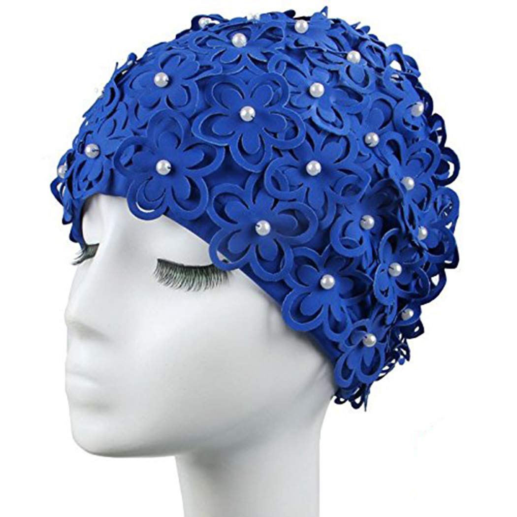 Medifier Gorro de natación para mujer, diseño de flores huecas, perlas cosidas a mano
