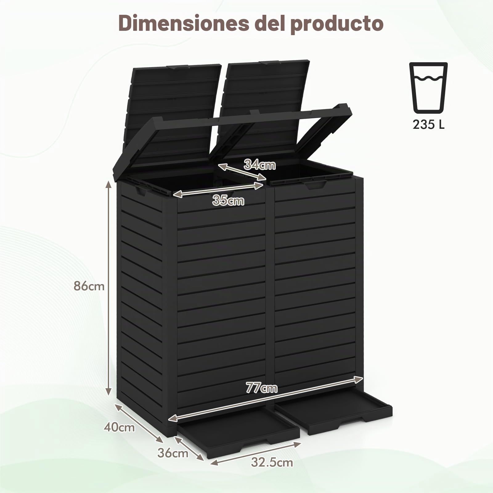 GIANTEX Cubo de Basura Exterior 235 L, Papelera de Reciclaje Grande con 2 Compartimentos y 2 Bandejas Inferiores Extraíbles, 77x40x86cm, Contenedor para Jardín, Balcón, Terraza (Negro)