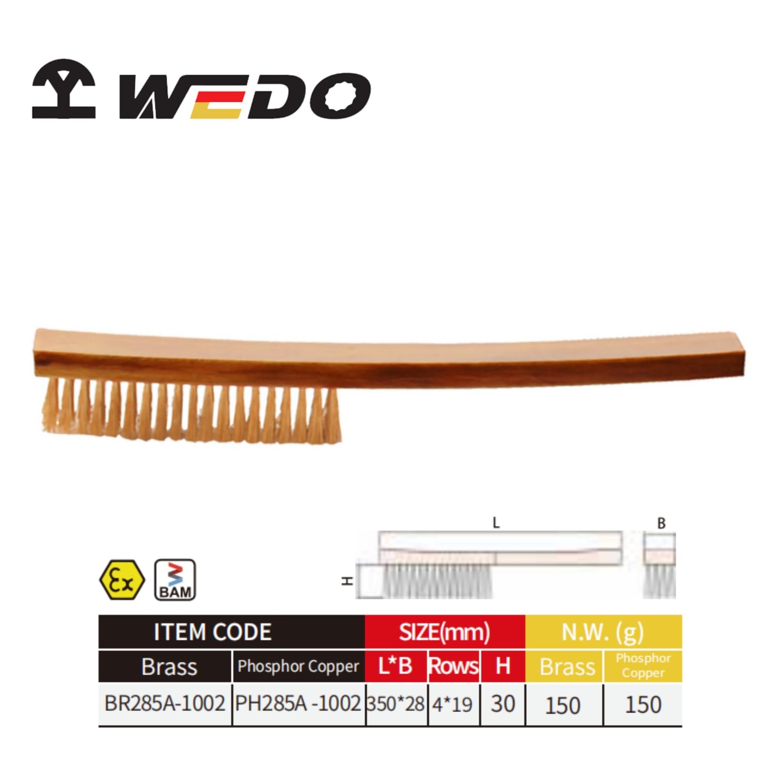 WEDO Szczotka z brązu fosforowego, druciane szczotki do drapania z drewnianym uchwytem 35,5 cm, miękka szczotka druciana z mosiądzu do czyszczenia rdzy metalowej, spawów, wytrzymałych drutów, szczotki