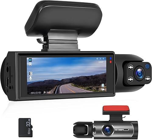 CAMECHO Cámara de tablero dual 1080P frontal e interior para automóvil, cámara de tablero de 2 canales, pantalla IPS de 3.16 pulgadas, visión