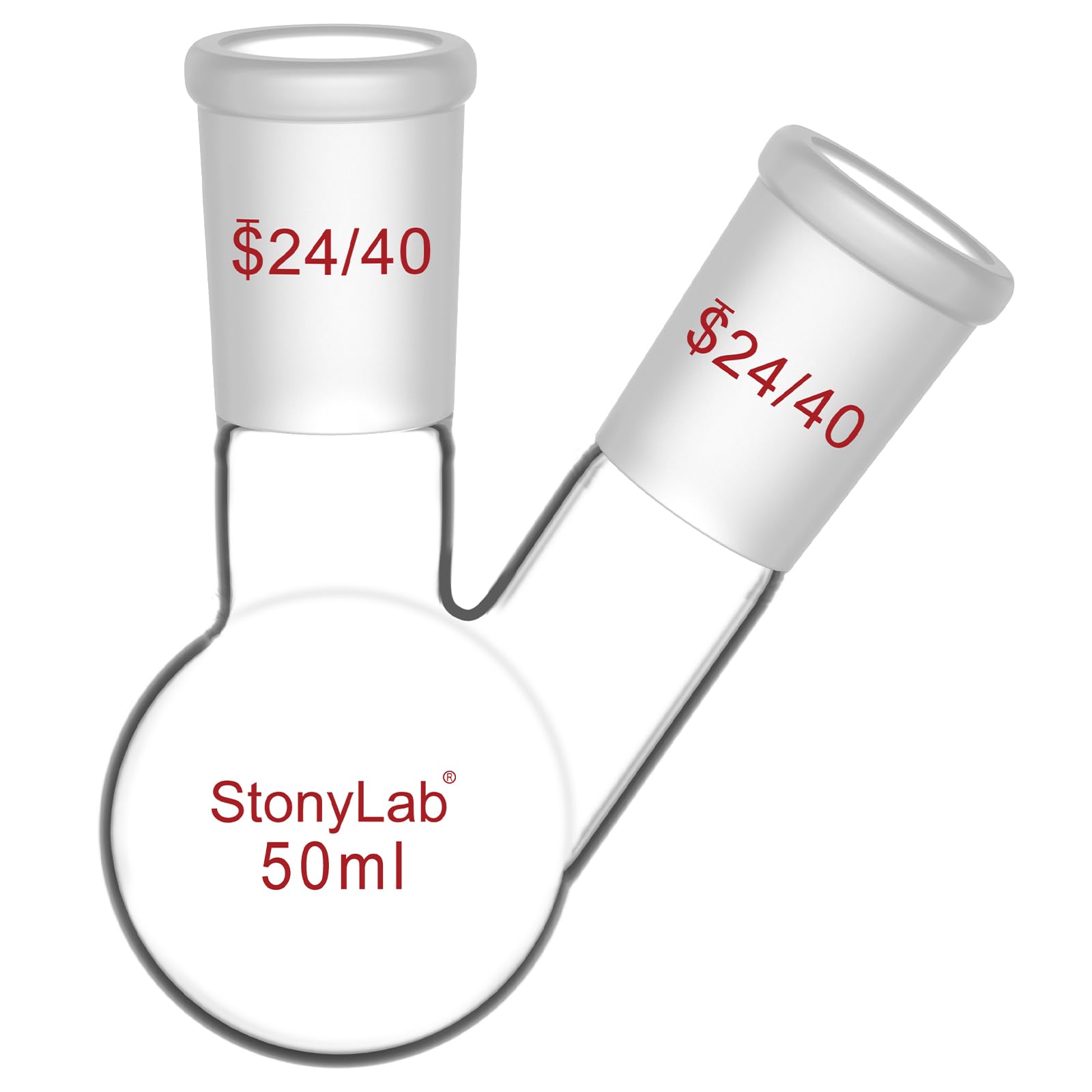 StonyLab Borosilicate Glass 2 Neck Round Bottom Flask RBF, with 24/40 Center and Side Standard Taper Outer Joint - 50ml
