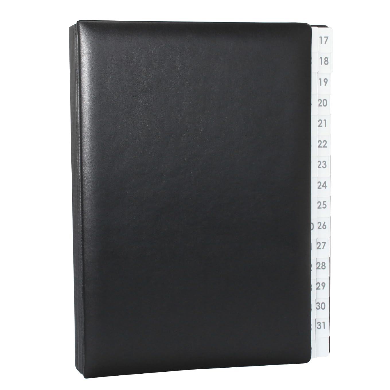 Raccoglitore con registro 1-31 in pelle bovina liscia di colore nero, adatto per DIN A4, copertina morbida con dorso elastico, goffrato su richiesta