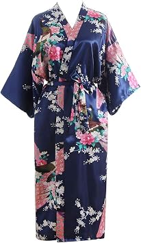 Women Silk Sexy Print Blossom Kimono Dressing Gown Bath Robe Lingerie Nightdress Pajamas with Belt for Four Season Navy-02#, Free Size