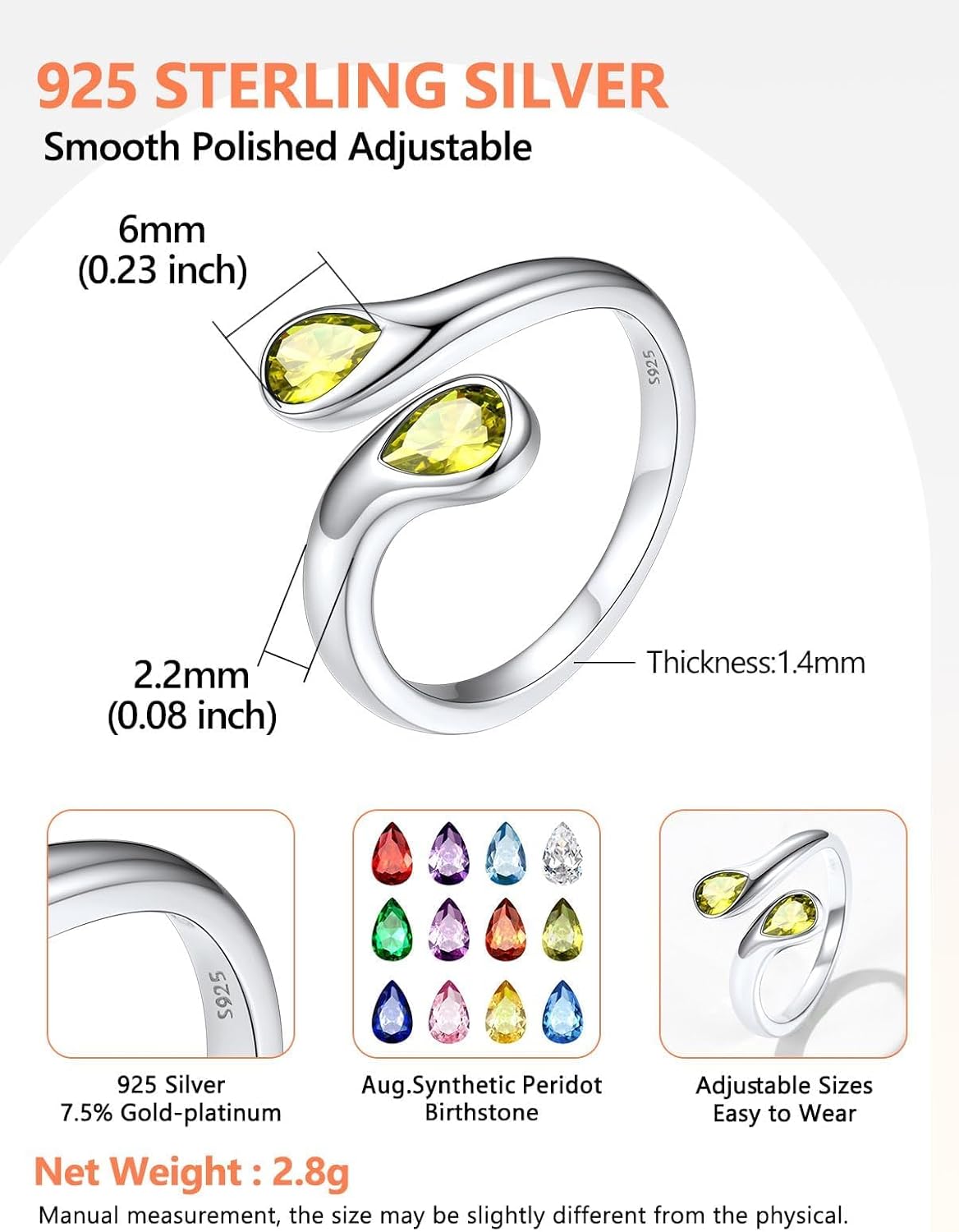 Silvora 925 Sterling Silver Adjustable Ring Wrap Birthstones Open Rings for Women Ring with 2 Pear Shaped Gemstone, Birthstone Ring for Mother - Image 8