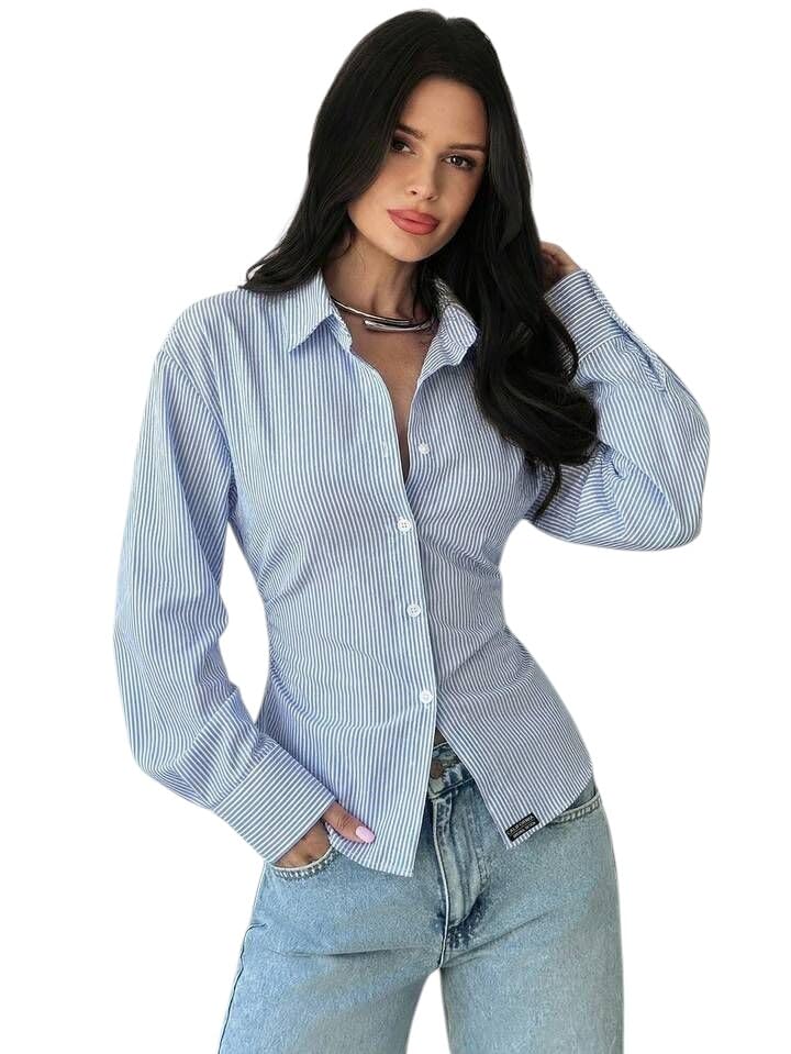 mystify Women's Striped Button-Down Shirt with Corset Lace-Up Back, Long Sleeve, Fitted Blouse-picture-23