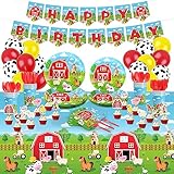 218Pcs Farm Birthday Party Supplies Barnyard Farm Animal Birthday Party Decorations Farm Plates Tableware Farm Tablecloth Cups, Napkins Farm Cake Topper Cow Print Balloons Farm Birthday Banner Favors