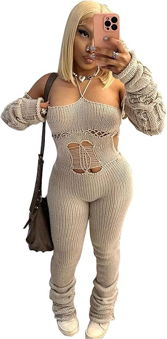 Bodycon Jumpsuits With Sleeve For Women Girls Sexy Knitted Hollow Out Strappy Backless Romper Clubwear Gifts
