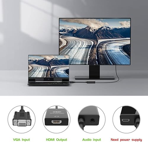 Vista 8 de ONTEN Adaptador VGA a HDMI, 1080P (macho a hembra) para computadora, escritorio, portátil, PC, monitor, proyector, HDTV con cable de audio y cable 1